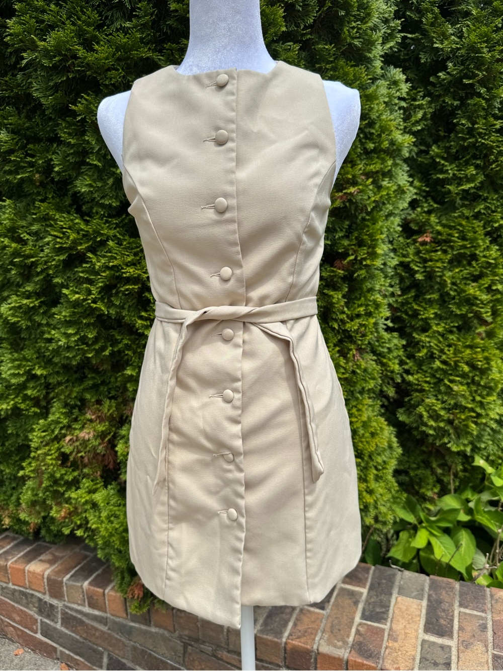 Shein chic button up front mini dress sleeveless beige XS